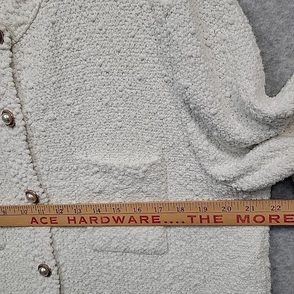 MANGO Womens XL Boucle Texture Knit Jewel Button‎ Cardigan Lady Sweater White